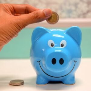 Hand inserting a coin into a blue piggy bank for savings and money management.