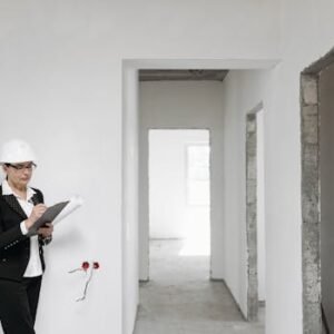 Woman architect in helmet and suit inspecting unfinished interior. White walls signify new construction.
